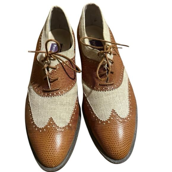 Vintage 80s-90s Phyllis Poland Two Tone Leather Linen Oxford Shoes Italy 9B - Picture 6 of 11